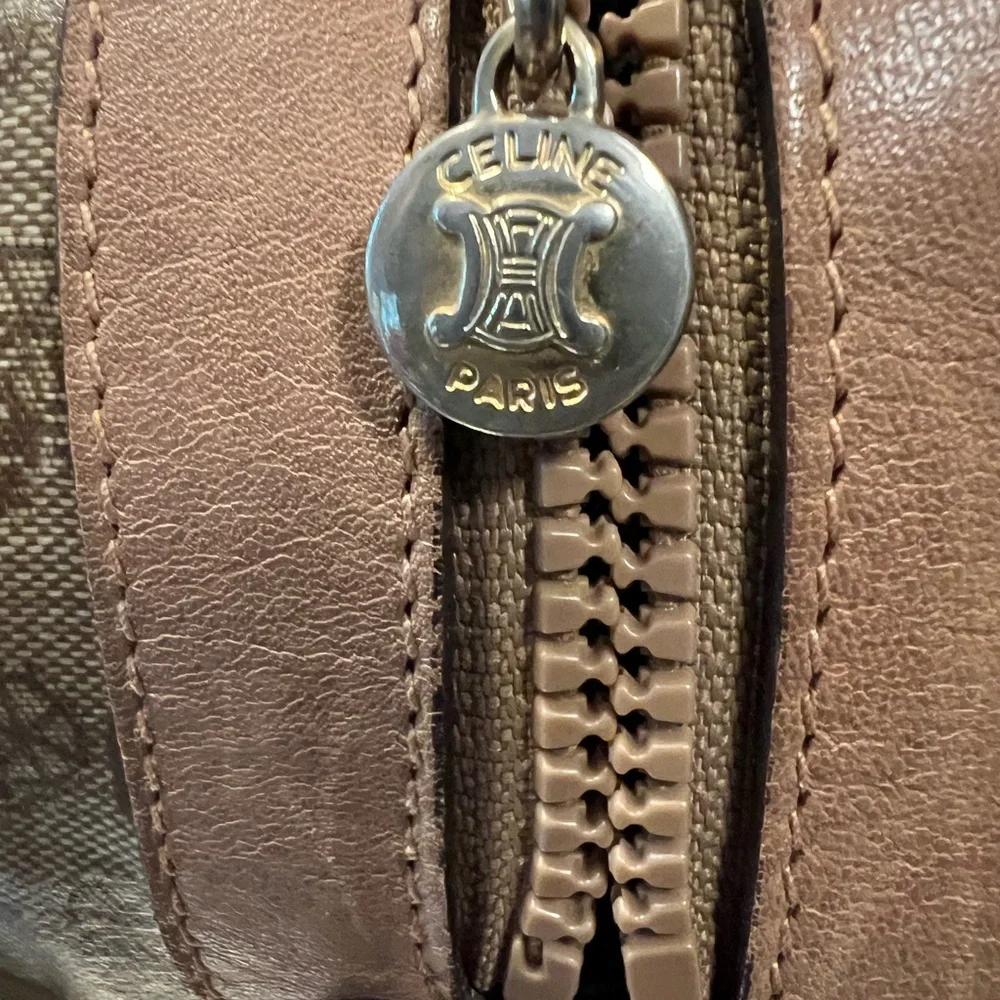 CELINE Tan Boston style Satchel Vintage Monogrammed Leather Accent